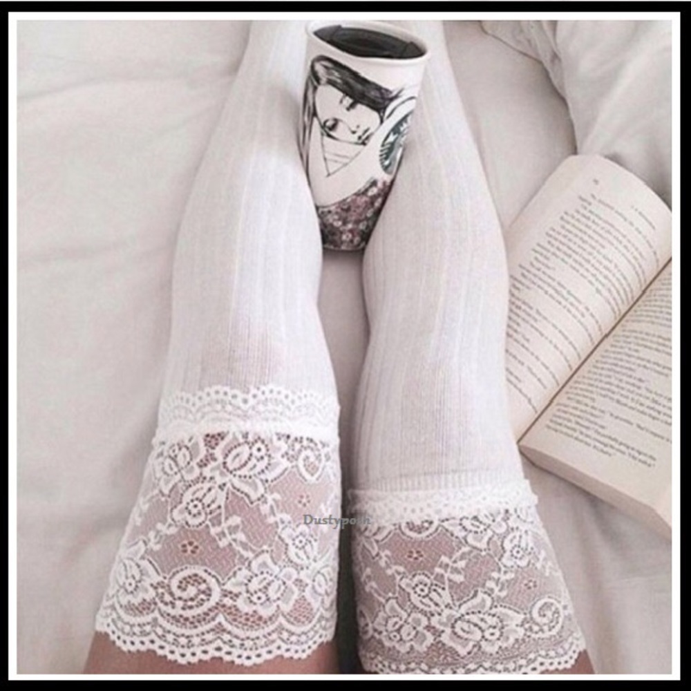 Lace Top Thigh High Socks Over The Knee Ribbed OTK Cable Sexy Cozy Dance White